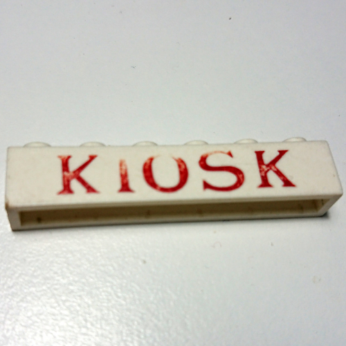 Visuel indicatif Rebrickable de Brique 1 x 6 avec motif imprimé rouge serif 'KIOSK' (Brick 1 x 6 with 'KIOSK' Serif Red Print)