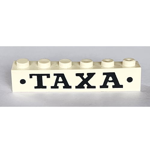 Visuel indicatif Rebrickable de Brique 1 x 6 avec motif imprimé 'TAXA' et points noirs gras (Brick 1 x 6 with 'TAXA' and Dots Bold Black Print)