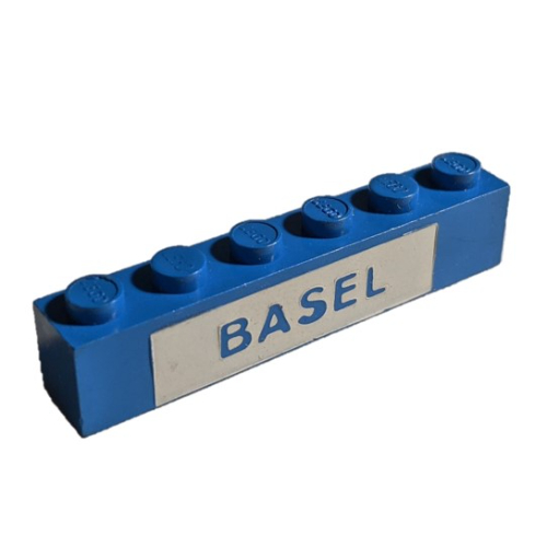 Visuel indicatif Rebrickable de Brique 1 x 6 avec motif imprimé bleu sur blanc 'BASEL' (Brick 1 x 6 with Blue on White 'BASEL' Print)