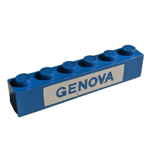 Visuel indicatif Rebrickable de Brique 1 x 6 avec motif imprimé bleu sur blanc 'GENOVA' (Brick 1 x 6 with Blue on White 'GENOVA' Print)