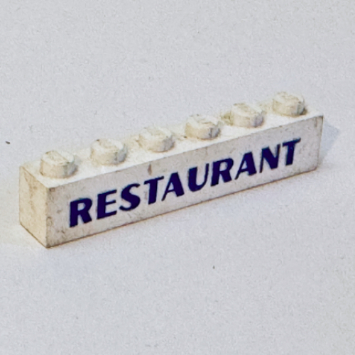 Visuel indicatif Rebrickable de Brique 1 x 6 avec motif imprimé bleu épais 'RESTAURANT' (Brick 1 x 6 with 'RESTAURANT' Thick Blue Print)