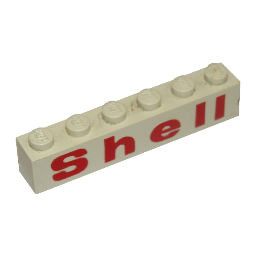 Visuel indicatif Rebrickable de Brique 1 x 6 avec 'Shell' arrondi 'e', motif imprimé rouge (Brick 1 x 6 with 'Shell' Rounded 'e', Red Print)