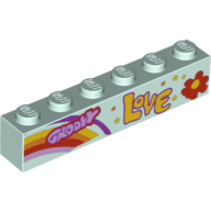 Brique 1 x 6 avec motif imprimé 'GROOVY', 'LOVE', arc-en-ciel et fleurs (Brick 1 x 6 with 'GROOVY', 'LOVE', Rainbow and Flower Print)