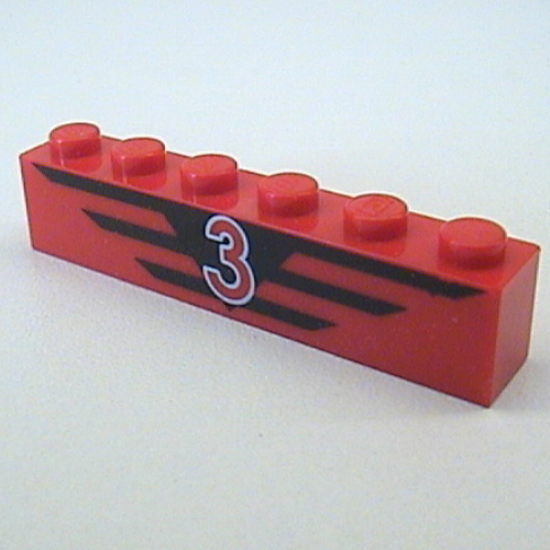 Visuel indicatif Rebrickable de Brique 1 x 6 avec motif imprimé rouge '3', rayures noires (Brick 1 x 6 with Red '3', Black Stripes Print)