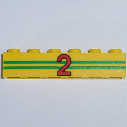 Visuel indicatif Rebrickable de Brique 1 x 6 avec 2 bandes vertes et motif imprimé rouge '2' (Brick 1 x 6 with 2 Green Stripes and Red '2' Print)