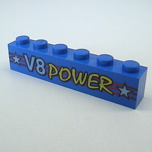 Visuel indicatif Rebrickable de Brique 1 x 6 avec rayures rouges et logo 'V8 POWER' imprimé (Brick 1 x 6 with Red Stripes and 'V8 POWER' logo Print)