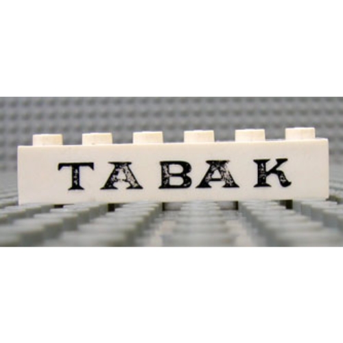 Visuel indicatif Rebrickable de Brique 1 x 6 avec motif imprimé noir serif 'TABAK' (Brick 1 x 6 with 'TABAK' Serif Black Print)