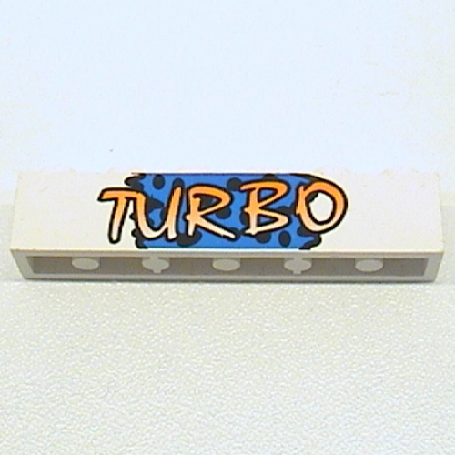 Visuel indicatif Rebrickable de Brique 1 x 6 avec motif imprimé jaune 'TURBO' sur fond bleu et taches noires (Brick 1 x 6 with Yellow 'TURBO' on Blue Background and Black Spots Print)
