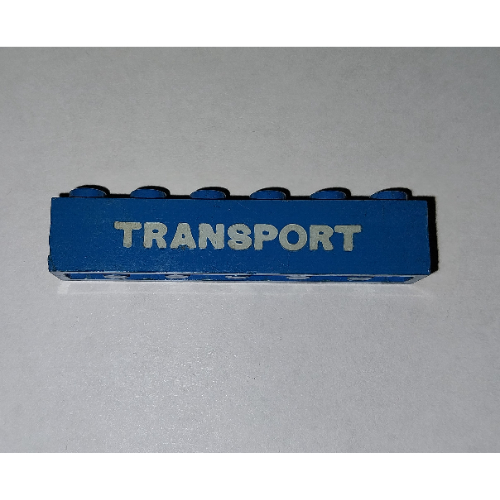 Visuel indicatif Rebrickable de Brique 1 x 6 avec motif imprimé petit blanc épais 'TRANSPORT' (Brick 1 x 6 with 'TRANSPORT' Small Thick White Print)