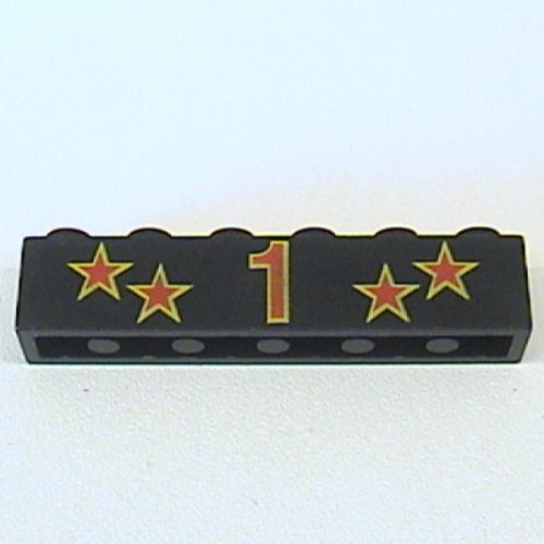 Visuel indicatif Rebrickable de Brique 1 x 6 avec motif imprimé rouge '1', quatre étoiles et bordure jaune (Brick 1 x 6 with Red '1', Four Stars and Yellow Border Print)