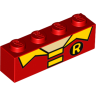 Visuel indicatif Rebrickable de Brique 1 x 4 avec col jaune et motif imprimé R [Robin] (Brick 1 x 4 with Yellow Collar and R Print [Robin])
