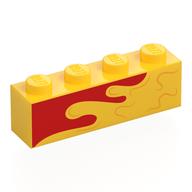 Visuel indicatif Rebrickable de Brique 1 x 4 avec splotch jaune / vague sur fond rouge motif imprimé (Brick 1 x 4 with Yellow Splotch/Wave on Red Background Print)