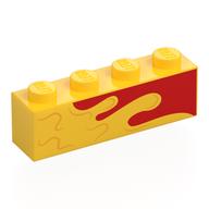Visuel indicatif Rebrickable de Brique 1 x 4 avec splotch jaune / vague sur fond rouge motif imprimé (Brick 1 x 4 with Yellow Splotch/Wave on Red Background Print)