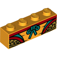 Visuel indicatif Rebrickable de Brique 1 x 4 avec décorations or/rouge, arc turquoise foncé (Brick 1 x 4 with Gold/Red Decorations, Dark Turquoise Bow)