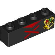 Visuel indicatif Rebrickable de Brique 1 x 4 avec cape, Lacets rouges, Crête de Poudlard, Lacets jaunes au dos imprimé (Brick 1 x 4 with Cloak, Red Laces, Hogwarts Crest, Yellow Laces on back Print)