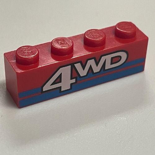 Visuel indicatif Rebrickable de Brique 1 x 4 avec motif imprimé '4WD' et rayures bleues (Brick 1 x 4 with '4WD' and Blue Stripes Print)
