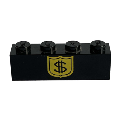 Visuel indicatif Rebrickable de Brique 1 x 4 avec signe de dollar noir sur le motif imprimé jaune d'insigne (Brick 1 x 4 with Black Dollar Sign on Yellow Badge Print)