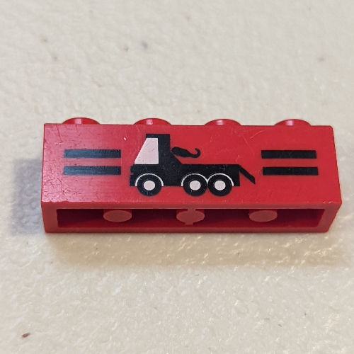 Visuel indicatif Rebrickable de Brique 1 x 4 avec motif imprimé à rayures noires et dépanneuse (Brick 1 x 4 with Black Stripes and Tow Truck Print)