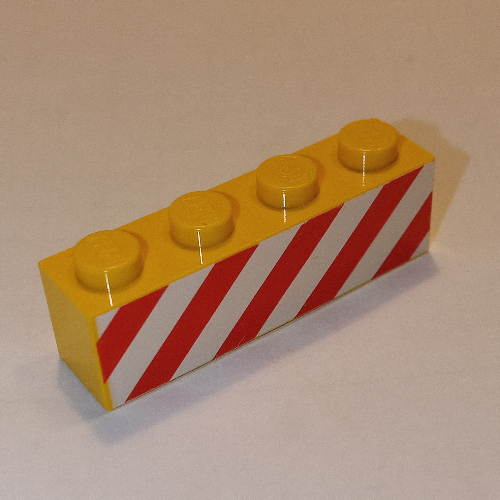 Visuel indicatif Rebrickable de Brique 1 x 4 avec des bandes de danger rouges sur fond blanc imprimé (Brick 1 x 4 with Red Danger Stripes on White Background Print)