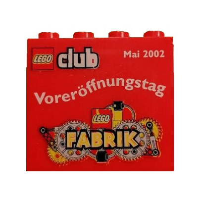 Visuel indicatif Rebrickable de Brique 2 x 4 x 3 avec motif imprimé 'LEGO club Mai 2002 Voreröffnungstag LEGO FABRIK ' (Brick 2 x 4 x 3 with 'LEGO club Mai 2002 Voreröffnungstag LEGO FABRIK ' Print)