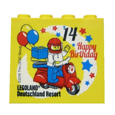 Visuel indicatif Rebrickable de Brique 2 x 4 x 3 avec motif imprimé 'LEGOLAND Deutschland Resort 14 Happy Birthday' (Brick 2 x 4 x 3 with 'LEGOLAND Deutschland Resort 14 Happy Birthday' Print)