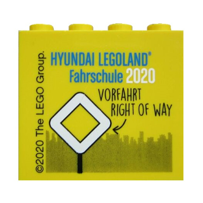 Visuel indicatif Rebrickable de Brique 2 x 4 x 3 avec motif imprimé 'HYUNDAI LEGOLAND Fahrschule 2020 VORFAHRT RIGHT OF WAY' (Brick 2 x 4 x 3 with 'HYUNDAI LEGOLAND Fahrschule 2020 VORFAHRT RIGHT OF WAY' Print)