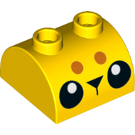 Brique courbée 2 x 2, deux dessus tenons avec 2 yeux noirs, nez, motif imprimé Orange foncé (Brick Curved 2 x 2, Two Top Studs with 2 Black Eyes, Nose, Dark Orange Dots Print)