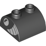 Brique courbée 2 x 2, deux crampons supérieurs avec œil blanc, grandes dents sourire motif imprimé (Brick Curved 2 x 2, Two Top Studs with White Eye, Big Teeth Smile Print)