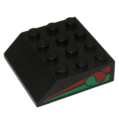 Visuel indicatif Rebrickable de Brique inclinée 45° 4 x 4 avec logo Octan et motif imprimé bande rouge & vert (Brick Sloped 45° 4 x 4 with Octan Logo and Red & Green Stripe Print)