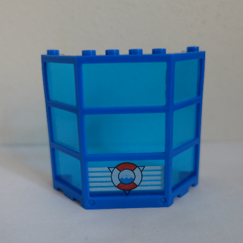 Visuel indicatif Rebrickable de Baie de fenêtre 3 x 8 x 6 avec verre bleu transparent-sombre avec 5 rayures blanches et motif imprimé garde-côte (Window Bay 3 x 8 x 6 with Trans-Dark Blue Glass with 5 White Stripes and Coast Guard Print)