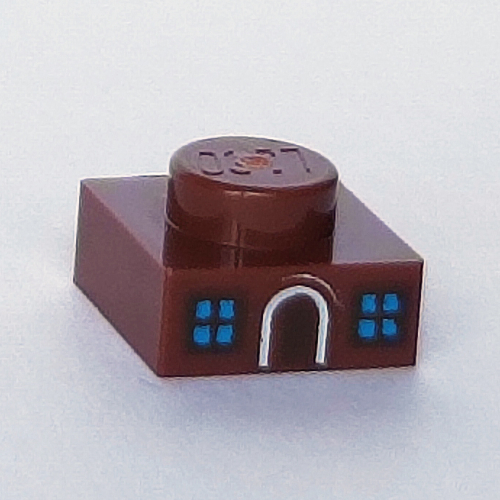 Visuel indicatif Rebrickable de Plaque 1 x 1 avec façade de la maison, deux fenêtres bleues, motif imprimé porte (Plate 1 x 1 with House Front, Two Blue Windows, Door Print)