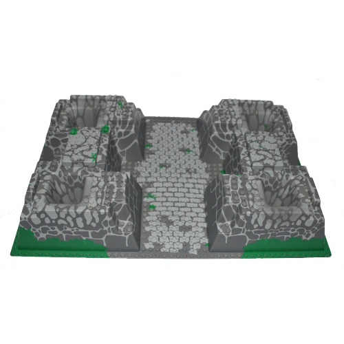 Visuel indicatif Rebrickable de Plaque de base A augmenté 32 x 48 x 6 avec 4 fosses d'angle avec le motif imprimé gris foncé et gris clair (Baseplate Raised 32 x 48 x 6 with 4 Corner Pits with Dark Bluish Gray and Light Bluish Gray Rock Print)
