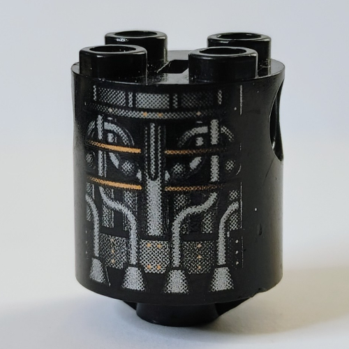 Visuel indicatif Rebrickable de Brique ronde Corps de robot 2 x 2 x 2 avec motif imprimé de tubes en argent et cuivre (Brick Round 2 x 2 x 2 Robot Body with Silver and Copper Tubing Print)
