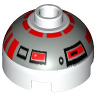 Brique ronde 2 x 2 dessus de dôme, tenon creux bouché, porte-axe inférieur avec motif imprimé astromécano droïde argent et rouge (r5-d4) (Brick Round 2 x 2 Dome Top, Blocked Open Stud, Bottom Axle Holder with Silver and Red Astromech Droid Print (R5-D4))