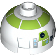 Brique ronde 2 x 2 dessus de dôme, tenon creux bouché, porte-axe inférieur avec motif imprimé astromécano droïde argent et vert citron (R7-A7) (Brick Round 2 x 2 Dome Top, Blocked Open Stud, Bottom Axle Holder with Silver and Lime Astromech Droid Print (R7-A7))