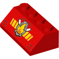 Visuel indicatif Rebrickable de Brique inclinée 45° 2 x 4 avec feu, axes rouges et motif imprimé rayures jaunes (Brick Sloped 45° 2 x 4 with Fire, Red Axes and Yellow Stripes Print)