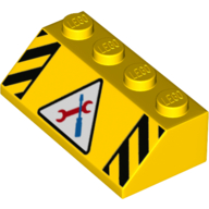Visuel indicatif Rebrickable de Brique inclinée 45° 2 x 4 avec motif d'avertissement, Triangle blanc, Clé rouge, Tournevis noir (Brick Sloped 45° 2 x 4 with Warning Pattern, White Triangle, Red Wrench, Black Screwdriver)