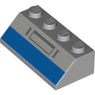 Visuel indicatif Rebrickable de Brique inclinée 45° 2 x 4 avec rectangle bleu, gris foncé Formes imprimées (Brick Sloped 45° 2 x 4 with Blue Rectangle, Dark Bluish Grey Shapes Print)