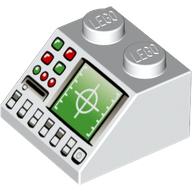 Visuel indicatif Rebrickable de Brique inclinée 45° 2 x 2 avec radar vert, boutons verts/rouges et fente disque motif imprimé (Brick Sloped 45° 2 x 2 with Green Radar, Green/Red Buttons and Disk Slot Print)