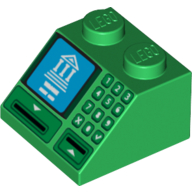 Visuel indicatif Rebrickable de Brique inclinée 45° 2 x 2 avec bâtiment sur écran bleu, fente pour cartes et motif imprimé clavier (Brick Sloped 45° 2 x 2 with Building on Blue Screen, Card Slot and Keypad Print)