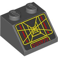 Visuel indicatif Rebrickable de Brique inclinée 45° 2 x 2 avec rouge '001977', lignes rouges/jaunes, sérigraphie ciblée (Brick Sloped 45° 2 x 2 with Red '001977', Red/Yellow Lines, Targeting Screen Print)