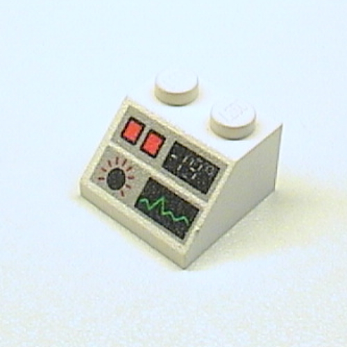 Visuel indicatif Rebrickable de Brique inclinée 45° 2 x 2 avec moniteur cardiaque, boutons rouges et motif imprimé -19 (Brick Sloped 45° 2 x 2 with Heart Monitor, Red Buttons, and -19 Print)
