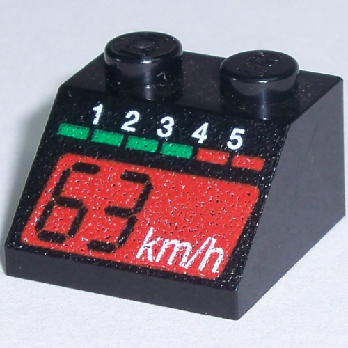 Visuel indicatif Rebrickable de Brique inclinée 45° 2 x 2 avec tachymètre et imprimé rouge '63 km/h' (Brick Sloped 45° 2 x 2 with Tachometer and a Red '63 km/h' Print)