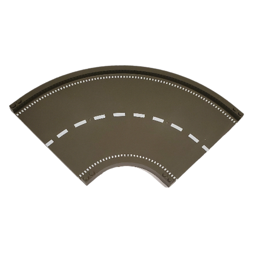 Visuel indicatif Rebrickable de Plaque de base Rampe 24 x 24 courbée, route avec motif imprimé blanc à rayures centrales (Baseplate Ramp 24 x 24 Curved, Road with White Center Stripe Print)