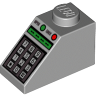 Visuel indicatif Rebrickable de Brique inclinée 45° 2 x 1 avec connecteur du bas, avec boutons verts et rouges et motif imprimé clavier (Brick Sloped 45° 2 x 1 with Bottom pin, with Green and Red Buttons and Keypad Print)