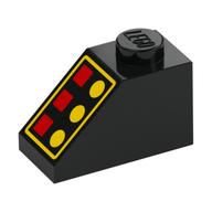 Visuel indicatif Rebrickable de Brique inclinée 45° 2 x 1 avec connecteur inférieure, avec 3 Lampes Rouges, 3 Boutons Jaunes, Bord Jaune imprimé (Réédition) (Brick Sloped 45° 2 x 1 with Bottom pin, with 3 Red Lamps, 3 Yellow Buttons, Yellow Border Print (Reissue))