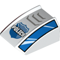 Visuel indicatif Rebrickable de Brique courbée 2 x 2 avec lèvre, sans tenons avec 'POLICE', badge, calandre et motif côtés rouge et bleu (Brick Curved 2 x 2 with Lip, No Studs with 'POLICE', Badge, Grille and Red and Blue Sides Pattern)