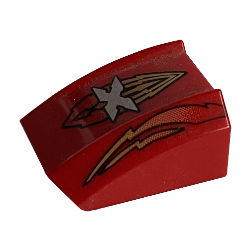 Visuel indicatif Rebrickable de Brique courbée 2 x 2 avec lèvre, sans tenons avec logo île xtreme cascades et flammes motif imprimé (Brick Curved 2 x 2 with Lip, No Studs with Island Xtreme Stunts Logo and Flames Print)