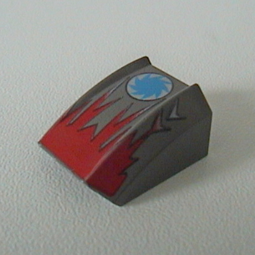 Visuel indicatif Rebrickable de Brique courbée 2 x 2 avec Lèvres, sans tenons avec Flammes Rouges/Étoile Bleue imprimé (Shredd) - coffret 4570 (Brick Curved 2 x 2 with Lip, No Studs with Red Flames/Blue Star Print (Shredd) - Set 4570)
