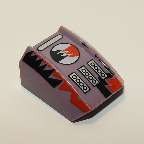 Visuel indicatif Rebrickable de Brique courbée 2 x 2 avec lèvre, sans tenons avec motif imprimé foudre rouge / noir (Brick Curved 2 x 2 with Lip, No Studs with Red/Black Lightning Print)